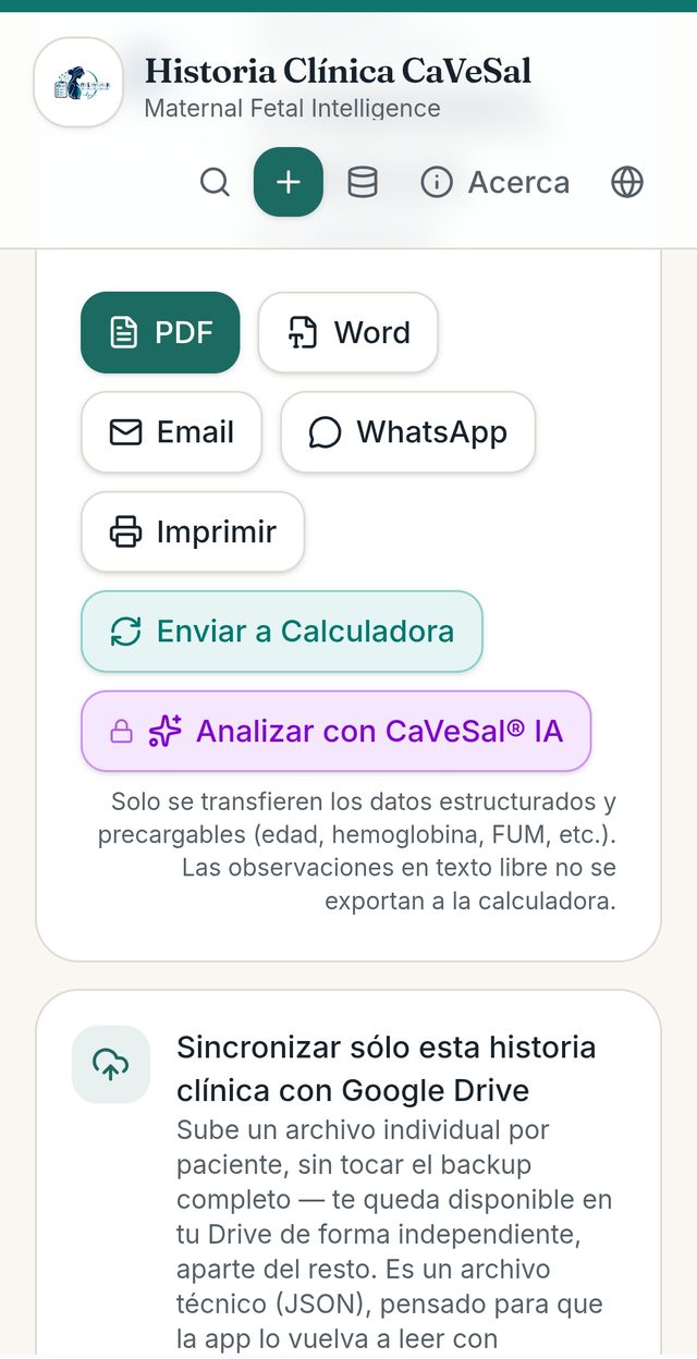 Botón Analizar con CaVeSal® IA en la ficha de la paciente, en Historia Clínica