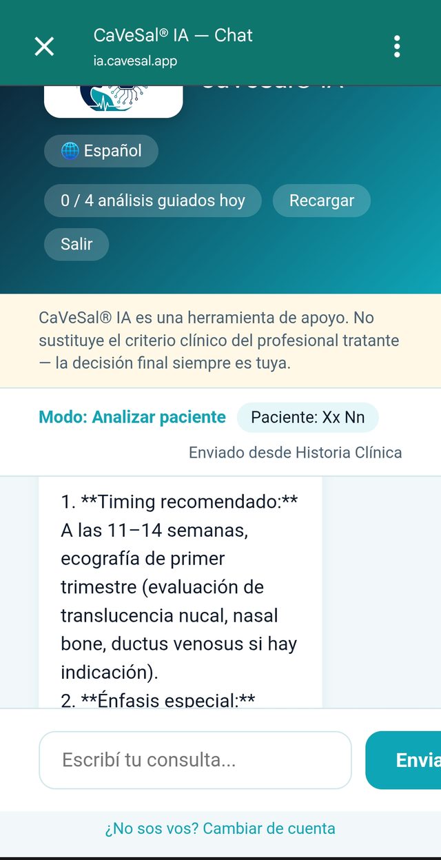 Chat de CaVeSal® IA abierto, con el paciente identificado como Xx Nn y origen Enviado desde Historia Clínica