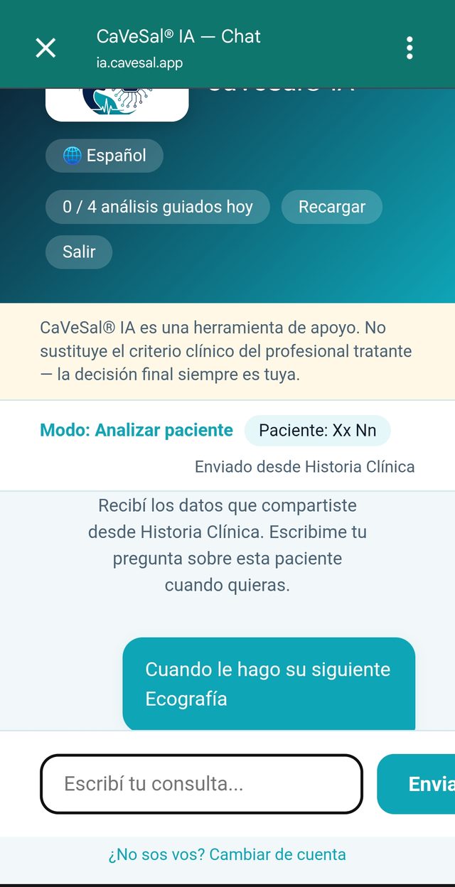 Mensaje del médico en el chat, burbuja teal a la derecha