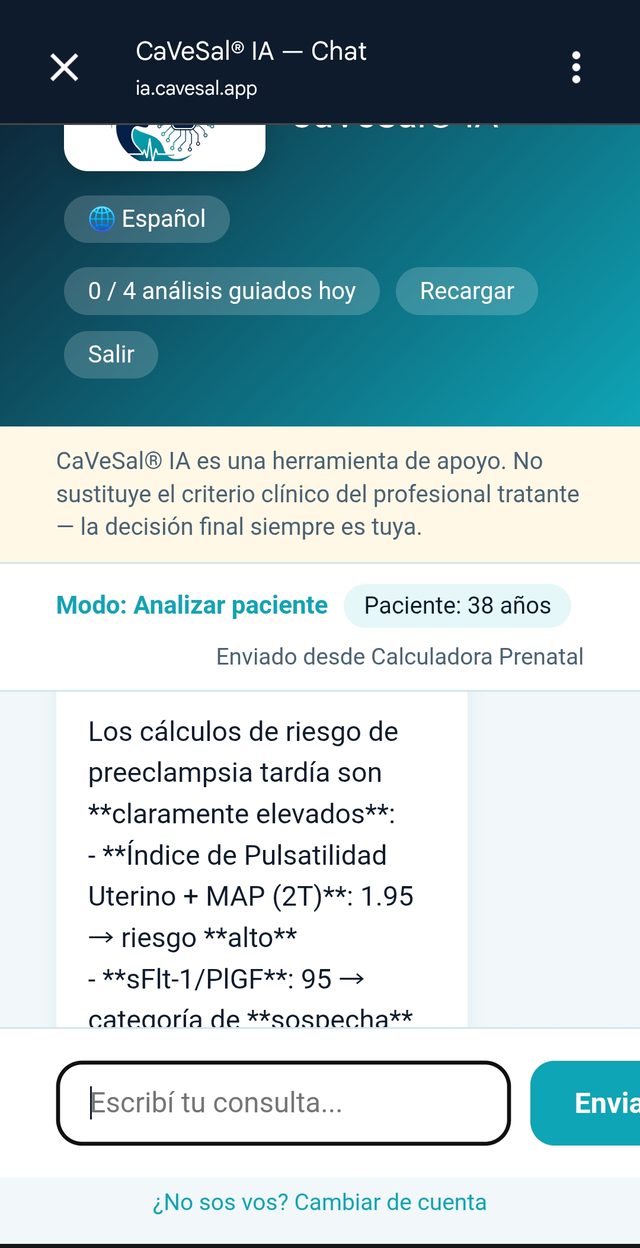 Respuesta de CaVeSal IA analizando biomarcadores de preeclampsia con clasificación de riesgo
