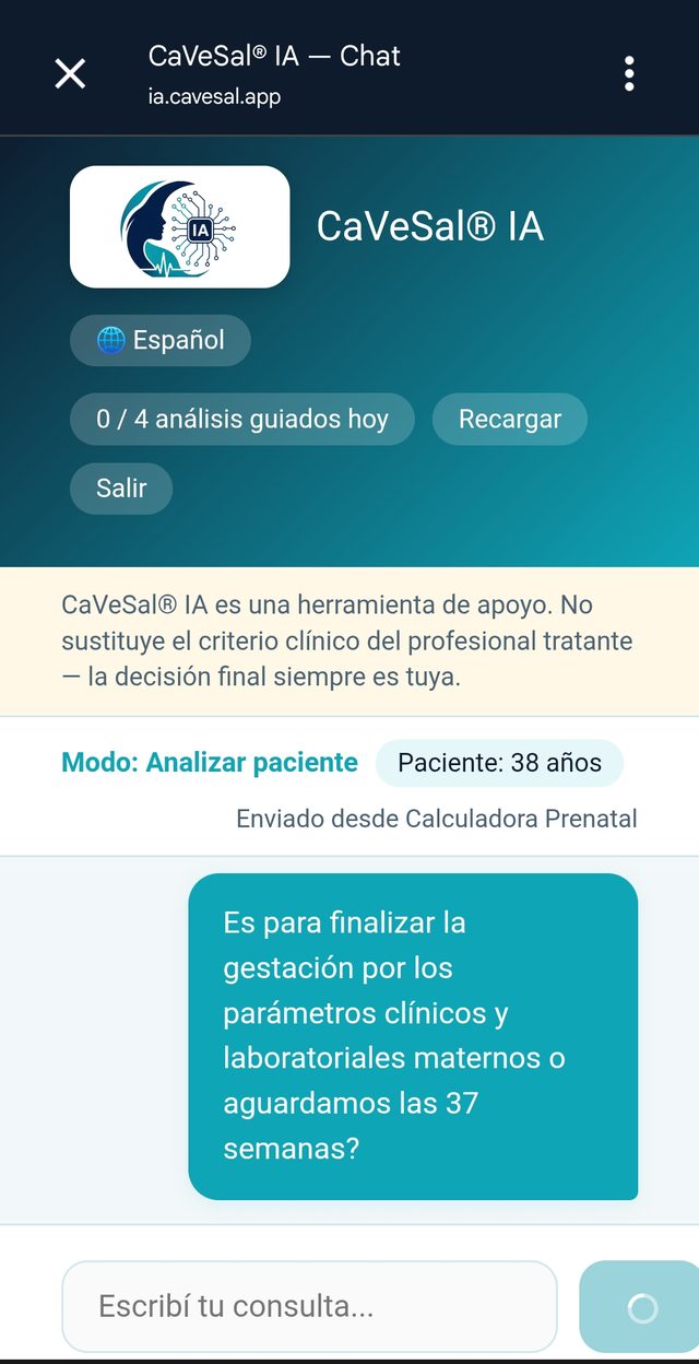 Chat de CaVeSal® IA abierto desde la Calculadora, con el paciente identificado como 38 años y origen Enviado desde Calculadora Prenatal