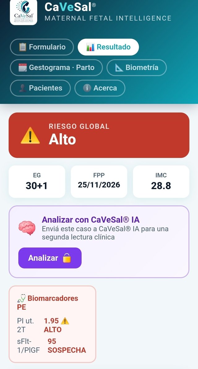 Tarjeta Analizar con CaVeSal® IA en el panel de Resultado de la Calculadora, con Riesgo Global Alto